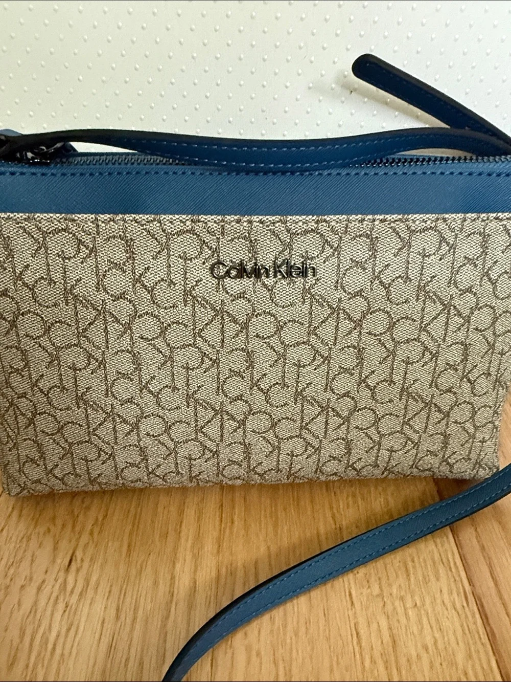 Calvin Klein Beige Monogram Crossbody with Blue Trim